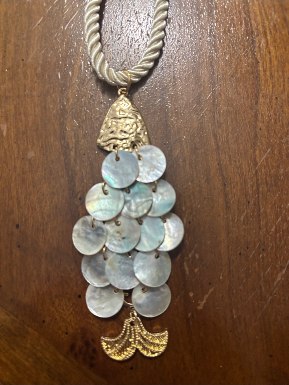 Gold and Iridescent Shell Cluster Fish Pendant Necklace